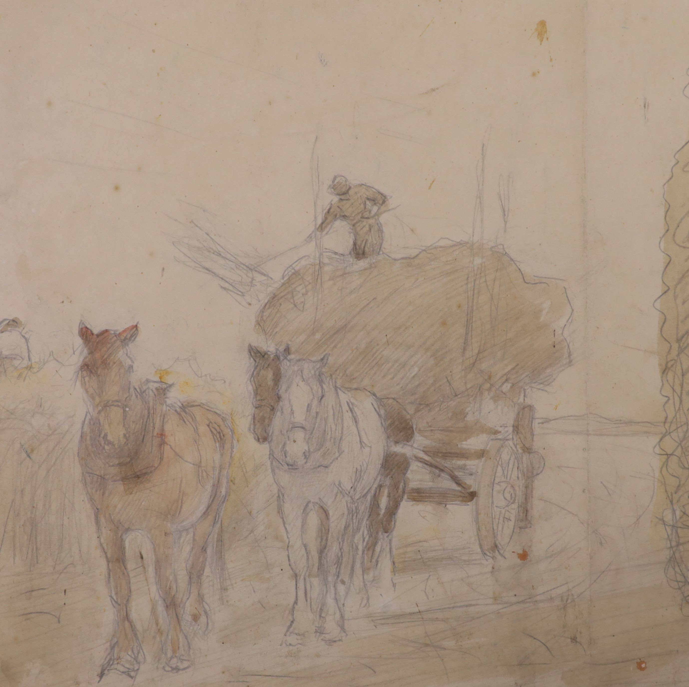 Nathaniel Hughes John Baird (1865-1936), watercolour, Haymaking, carting and stacking, COA verso, 26 x 26cm
